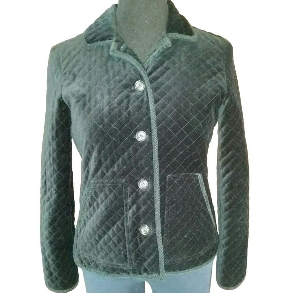 CHAPS Quilted jacket Black velour Womens Medium Lined Button Front equestrian